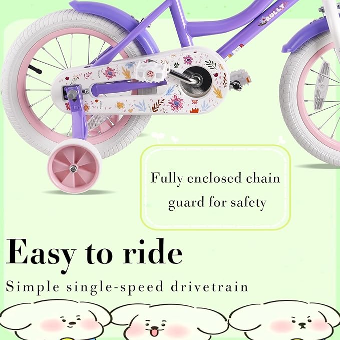 RULLY Daisy Kids Bike for Girls Ages 2-9 Years, 12 14 16 18 Inch Princess Girls Bicycle with Doll Bike Seat, Training Wheels, Basket and Streamers, Kids Cycle Bikes, Multiple Colors