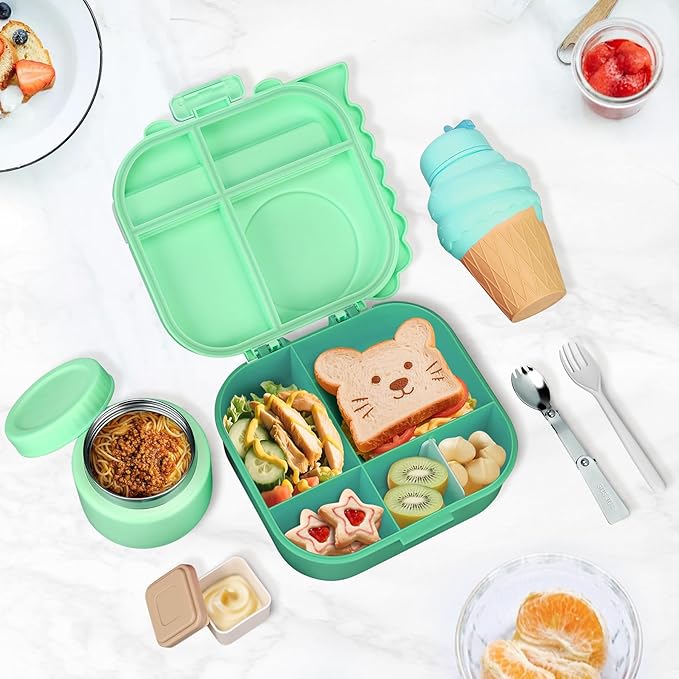 Dinosaur Lunch Box for Kids with Secret Compartment | 4 Compartments Bento Box + 12oz Insulated Food Jar | Leak-Proof Sauce Cup & Collapsible Spoon | BPA-Free, Dishwasher Safe(Green+Green Jar)