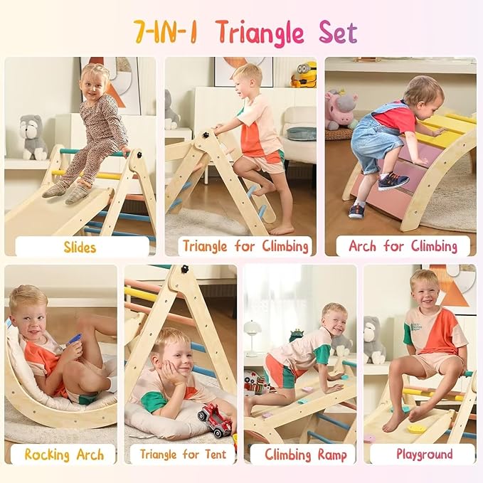 Pikler Triangle Set with Cushion, 7 in 1 Toddler Climbing Toys Indoor, Montessori Foldable Climbing Set, Wooden Climbing Toys for Toddlers Inside with Ramp, Arch and Ladder (Rainbow)