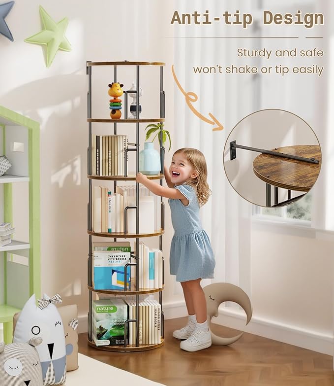 5 Tier Rotating Bookshelf Tower Round,Tall Floor Standing Spinning Bookshelf Tower Anti-Tipping Design,Metal & Wood Revolving Bookcase Stackable Space Saving for Small Spaces,Study,Living Room,Bedroom