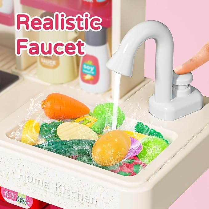 Letapapa Kids Pretend Play Kitchen Set, Kitchen Toys with Realistic Sound & Light, Cooking Stove, Sink, Play Food and Kitchen Accessories, Pretend Kitchen Playset Gifts for Toddlers Girls Boys(Red)