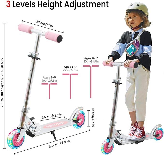 Scooter for Kids with Light up Wheels, 3 Adjustable Levels, Rear Brake