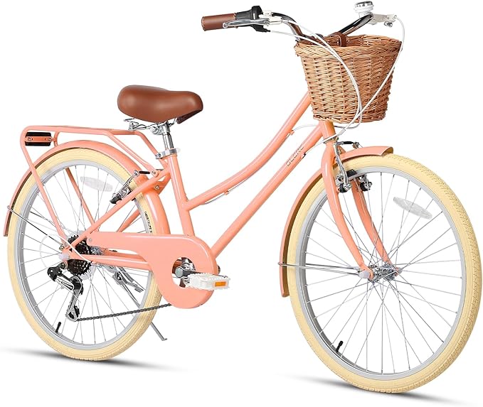 Glerc 20 24 26 Inch Beach Cruiser Bike, 6-Speed Hybrid City Bicycle for Girls Youth and Over 6 Years Old, Missy Bike with Wicker Basket & Lightweight, Multiple Colors