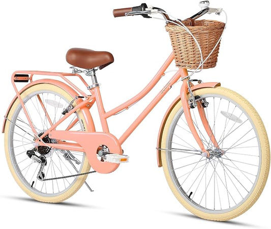 Glerc 20 24 26 Inch Beach Cruiser Bike, 6-Speed Hybrid City Bicycle for Girls Youth and Over 6 Years Old, Missy Bike with Wicker Basket & Lightweight, Multiple Colors