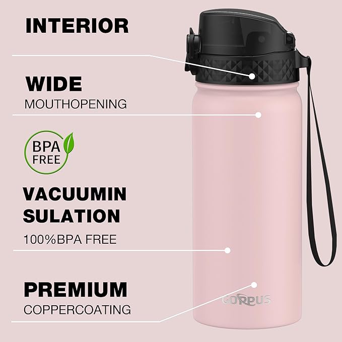 Kids Water Bottle, GOPPUS 18 Oz Stainless Steel Travel Bottle, Double Wall Vacuum Leak Proof Kids Cup for School Boys Girls,Pink