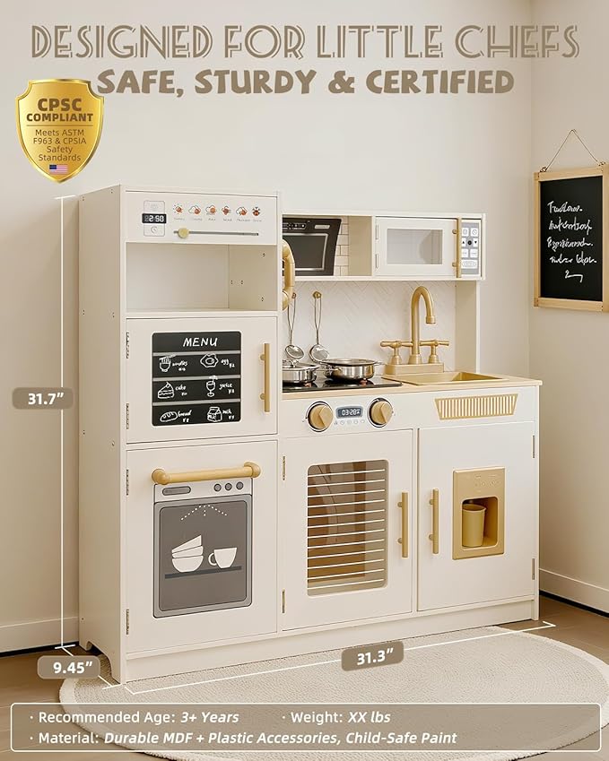 YUG Kids Play Kitchen Set with Real Lights & Sounds Toddler Kitchen Playset Including Stove, Oven, Dishwasher, Ice Maker, Pretend Kitchen Toy for Boys Girls Ages 3+, ASTM CPSIA Compliant