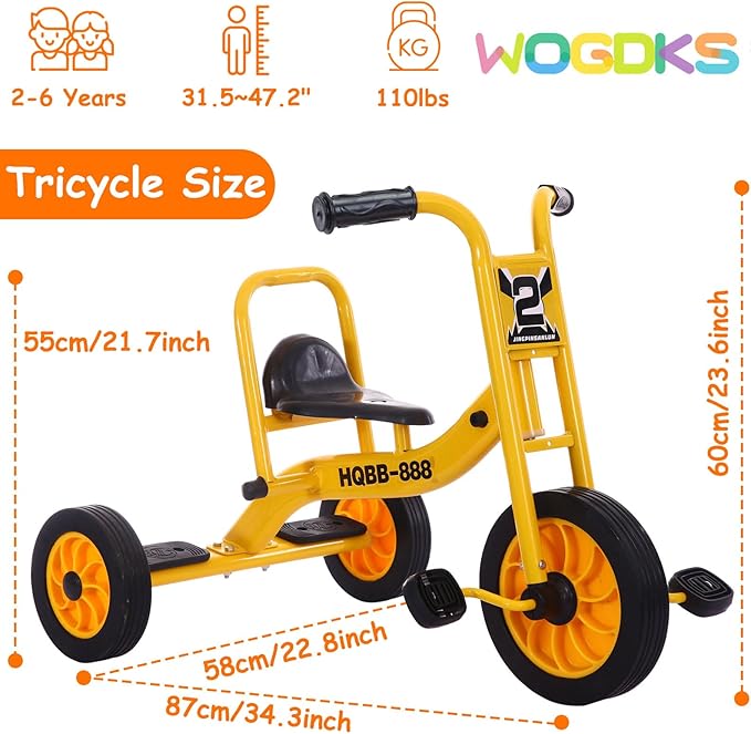 Kids Tricycle for Ages 2-6, Preschool Daycare Pedal Tricycle, Outdoor Playground Kids Trike with Inflation-Free Rubber Wheels, Carbon Steel Frame