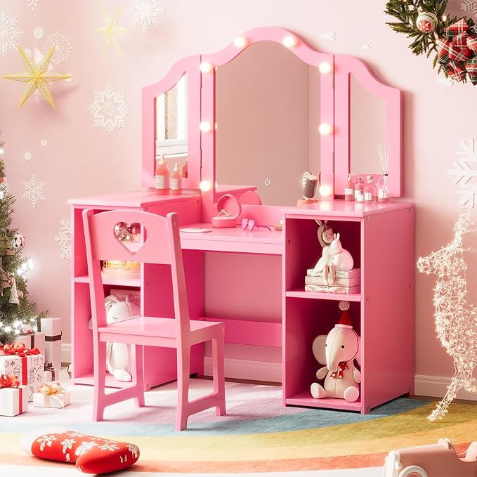Kids Vanity with Lights,Princess Makeup Desk and Chair with Tri-Fold Mirror,Open Bookshelf, Storage Cabinet,Toddler Vanity,Pretend Play Dressing Table for Little Girls,Pink