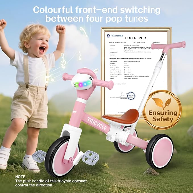 Tricycle for Toddlers 1-3 Year Olds, 5 in 1 Toddler Balance Bike 2-4 Years Old Boys Girls, Push Trike Toys with Adjustable Handle, Birthday Gifts for 2 3 4 5 Year Old Kids Bike (Pink)