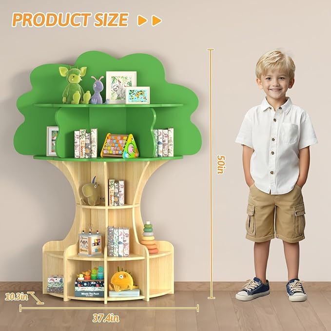 Tree Kids Bookshelf, Fun and Sturdy 5-Tier Wooden Book Organizer, Montessori Nursery Book Shelf for Toddlers, Kids Room and Playroom