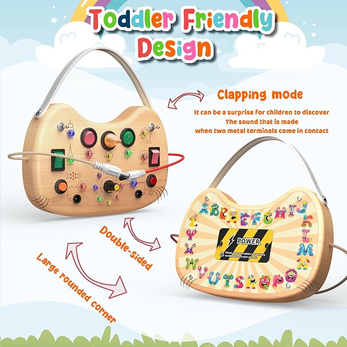 Montessori Toddler Busy Board Sensory Toys for Toddlers Wooden Autism Sensory Toy, Toddler Switch Board with 17 LED Lights for Kids 1-6 Year Olds to Develop Fine Motor Skills.