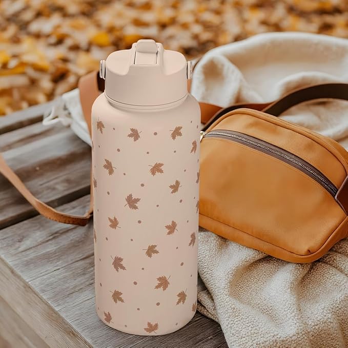 Maple Leaf Water Bottle 32oz Stainless Steel with Lid & Straw, Fall Insulated Bottles Gift for Women Girls, Autumn Gifts
