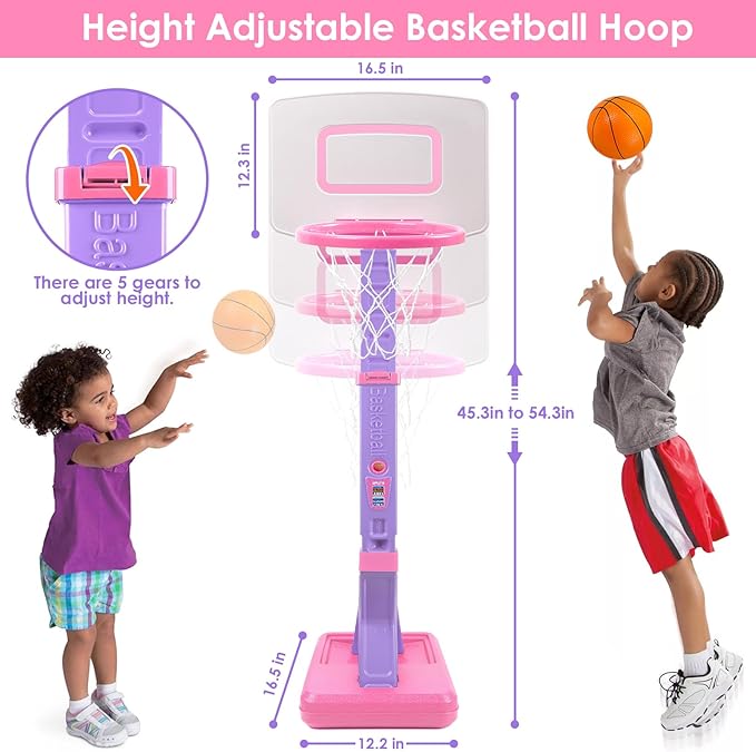 Toddler Pink Basketball Hoop Indoor Set for Age 1-3 2-4 3-5,Adjustable Mini Basketball Hoops for Outdoor Poolside Play,Sport Toys for Little Boys Girls Birthday Gifts
