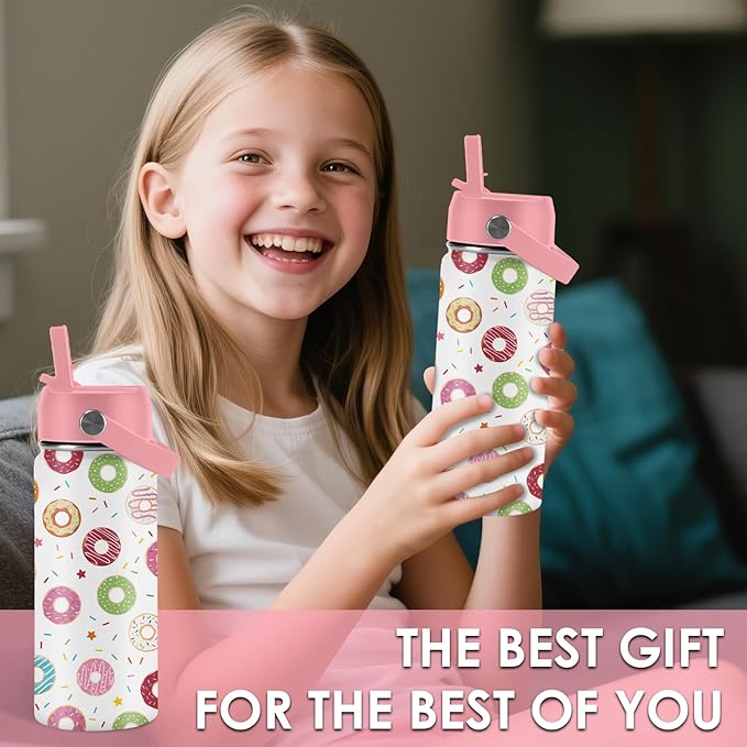 Donut Lover Gifts for Kids - 16oz Insulated Stainless Steel Water Bottle with Straw Lid, Leakproof BPA-Free Tumbler for School, Travel - Cute Donut Design Kids Cup for Boys & Girls (1pc)