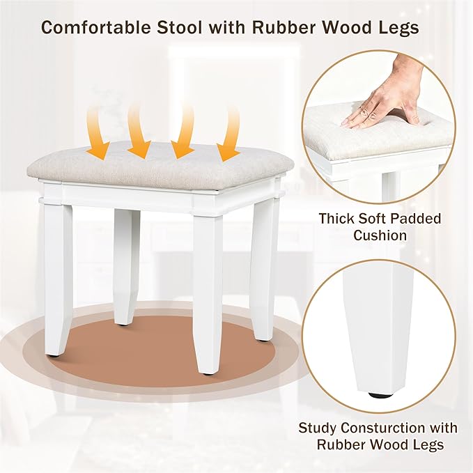 LUMISOL Makeup Vanity Desk with Mirror and Lights, 3 Lighting Modes, 48" Vanity Table with 7 Bamboo Weave Drawers, Dressing Table Set with Cushioned Stool, Light Beige