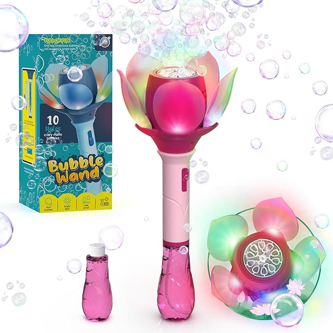 PANACARE Bubble Wand Blower for Kids Handheld Lotus Bubble Wand Automatic Bubble Machine with Battery/Light/10000+Bubbles/Bubble Solution Bubble Toy Gift for Girl Boys Party Weddings Outdoor Indoor