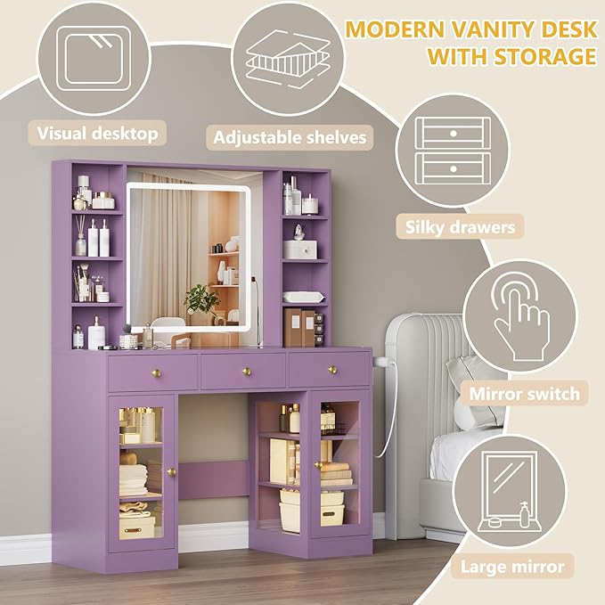 Vanity Desk with Mirror and Lights, White Makeup Vanity with Glass Top & Drawers, 3 Lighting Modes, Power Outlet, RGB Glass Cabinets, Modern Dressing Table for Women, Girls, Teens