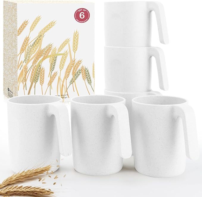 Wheat Straw Cups with Handles 16oz -Plastic Cups Reusable Set of 6-Unbreakable Coffee Mugs- Microwave & Dishwasher Safe Mug-Ideal Plastic Mugs for Tea,Coffee,Camping,RV-White