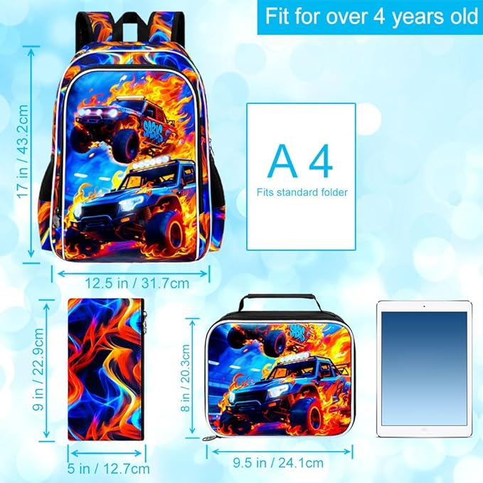 17" Monster Truck Backpack for Boy, 3Pcs Fire Bookbag for Elementary Preschool Kindergarten, Kids School Backpacks with Lunch Box (Red)