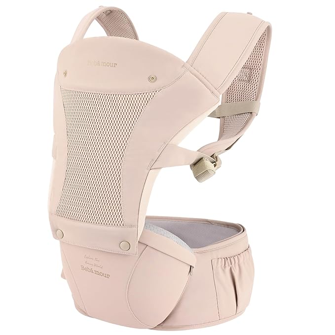 Bebamour Baby Carrier with Hip Seat,All-Position Breathable Mesh Hip Seat & Carrier 0-36Months with Head Hood, 3 PCS Teething Pads, Waist Extender,Storage Bag & Pacifier Case (Pink)