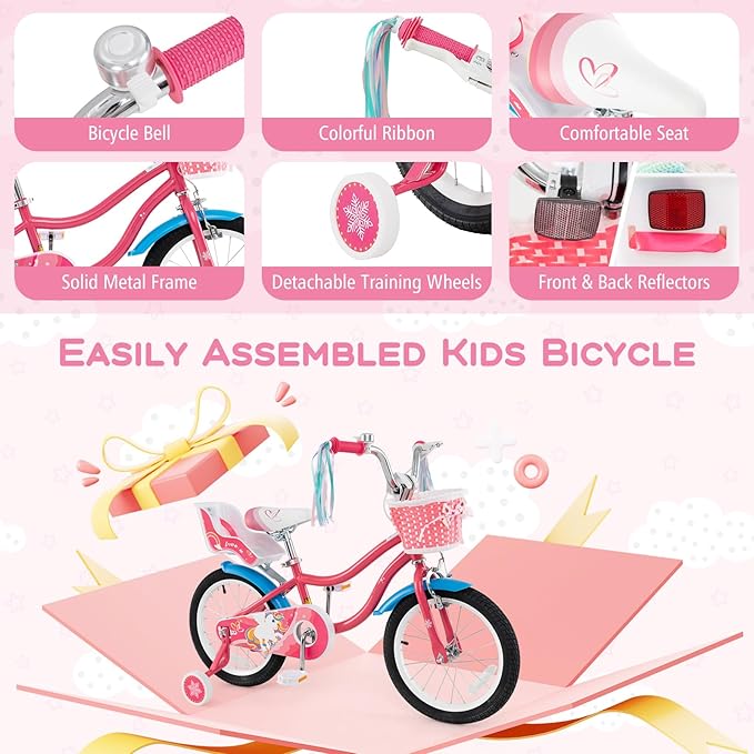 BABY JOY Kids Bike, 12 14 16 18 Inch Children Bicycle w/Detachable Training Wheels, Storage Basket, Adjustable Seat & Handlebar, Bow or Streamer, Girls Bike for 3-8 Years Old