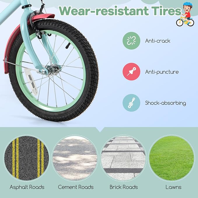 BABY JOY Colorful Macarons Kids Bike, 12 14 16 18 Inch Sporty Children's Bicycle with Training Wheels, Adjustable Handlebar & Saddle, Handbrake & Coaster Brake, Boys Girls Bike for 3-8 Years Old