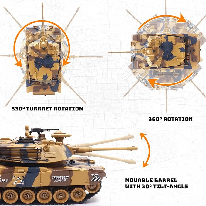 1:18 Scale Remote Control Army Tank - US M1A2 Battle RC Tank Model Toys for Adults - 15 Channel Full Function Military Toy with 360 Degree Rotating Turret Smoke Light Sound