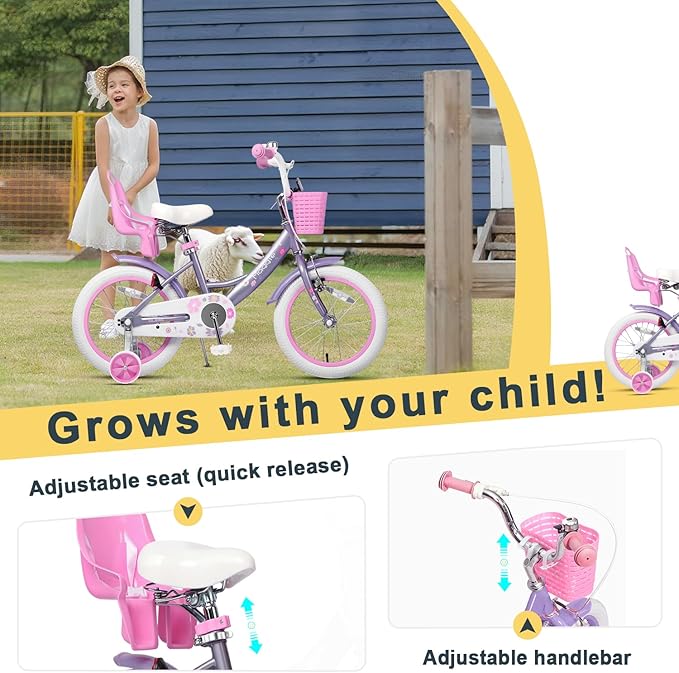 Glerc Maggie Girls Bike, 12-20 Inch Kids Bike for 2-13 Years Old Children, Princess Style Kids Bicycle with Doll-Seat & Basket & Training Wheels, Multiple Colors