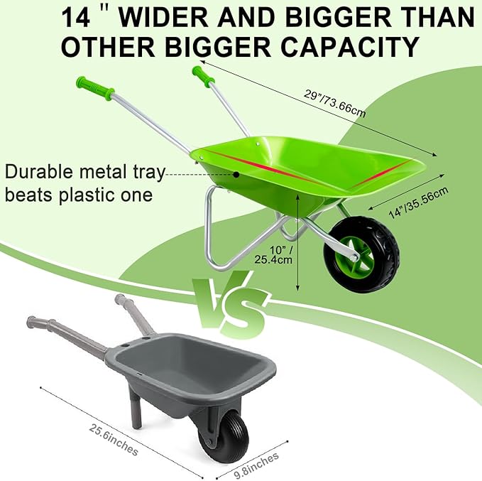 Kids Wheelbarrow Set Metal, Child Wheel Barrel Green Easy to Assemble and Kids Gardening Tools Kit, Garden Toys with Small Wheel Barrow, Outdoor Indoor Toys Gift for Children