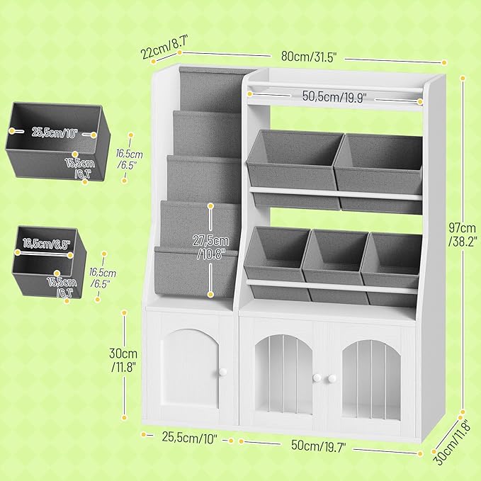 Toy Storage Organizer, Kids Toy Storage with 5 Fabric Drawers and 5-Tier Hanging Bookshelf, Elastic Doors and Guardrail, Bookcase for Bedroom, Nursery, Classroom, White and Gray