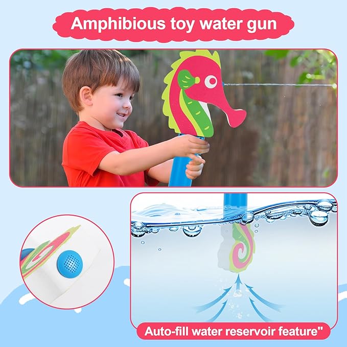 Water Gun Pool Toys for Kids, Ocean-Themed Water Blaster with Auto-Refill & Swim Float, 16oz Large Capacity for Pools, Beach, Outdoor Water Pistol Toy, Seahorse Design Ages 5+ Boys Girls