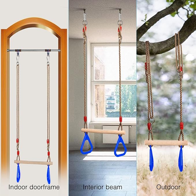 PELLOR Playground Children's Wooden Trapeze Swing Bar with Plastic Gym Rings Swing Set for Indoor & Outdoor Fun