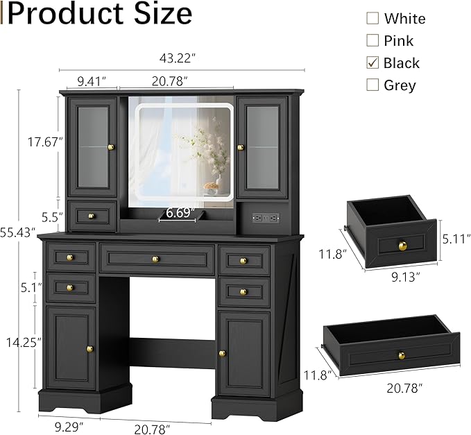 43'' Makeup Vanity with Mirror and Lights, Farmhouse Vanity Desk with Drawers & Charging Station, 3 Lighting Modes & Adjustable Brightness, Glass Cabinet, Dressing Table for Bedroom, Black