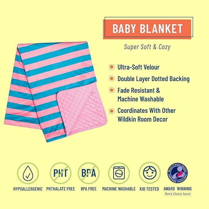 Wildkin Plush Baby Blanket – Soft & Cozy Comfort, Ideal for Toddlers, Travel & Daycare - Pink Stripes