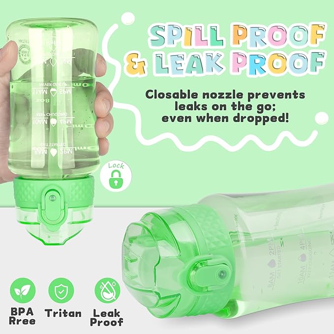 OLDLEY 12oz Kids Motivational Water Bottle for School Girls & Boys, Leak-Proof Tritan BPA-Free, Reusable Bottle with Silicone Straw, Pear