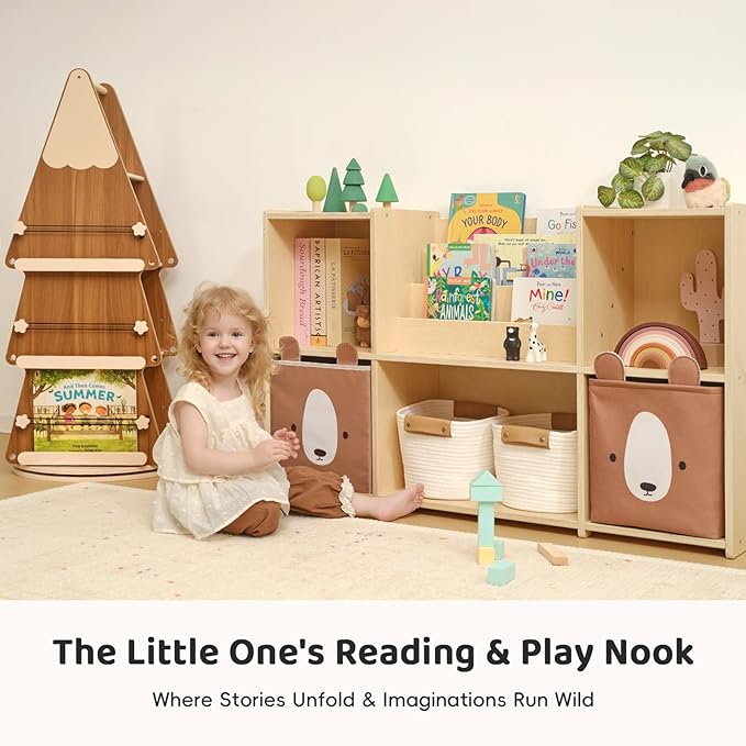 OOOK Solid Wood Rotating Bookshelf Tower 4 Tier, 360°Display Floor Standing Spinning Bookshelf Tower, Small Corner Bookcase for Small Spaces, Kids Tree Book Shelf for Kids Rooms, Classroom, Nursery