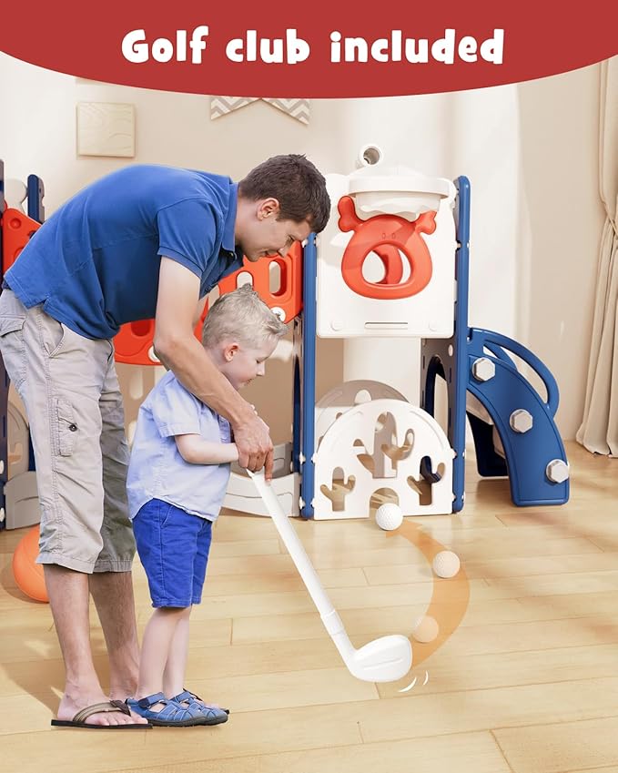 XJD Toddler Slide,11 in 1 Kids Slide for Toddlers 1-3, Toddler Climbing Toys,New Upgrade with Golf Set, Basketball Hoop for Indoor Outdoor Playset (Blue Red)