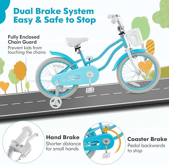 COSTWAY Kids Bike, 12 14 16 18 Inch Toddler Bike Children Bicycle w/Training Wheels, Hand & Coaster Brakes, Adjustable Saddle & Handlebar, Basket, Bell, Kids Bicycle for Girls Boys Aged 3-8 Years Old
