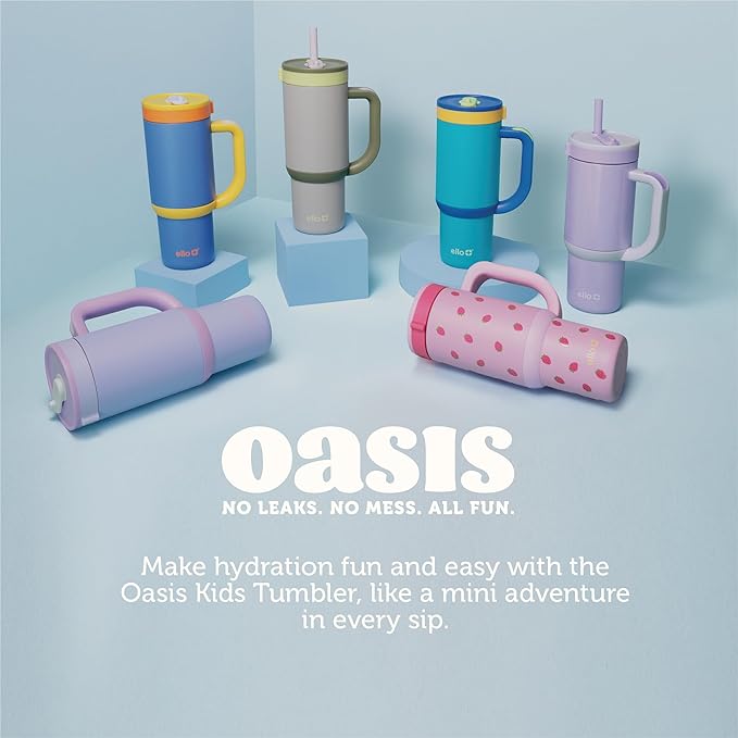 Ello Oasis 18oz Kids Tumbler with Handle & Retracting Straw, 100% Leakproof Reusable Insulated Stainless Steel Cup, Gifts for Teens Girls Boys, Keeps cold for 18 Hours, Cup Holder Friendly, Glacier