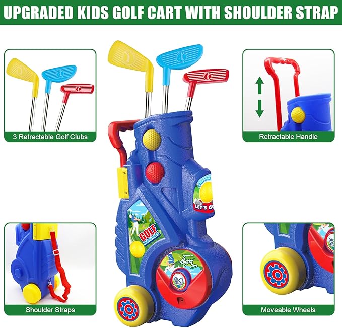 Toddler Golf Clubs Set for Ages 3 4 5 6 7 Years Old, 2 in 1 Kids Golf Clubs Toy with Golf Cart, Ball Launcher, 20 Balls, Golf Board, Putting Mat - Indoor Outdoor Mini Golf Set Sport Toys