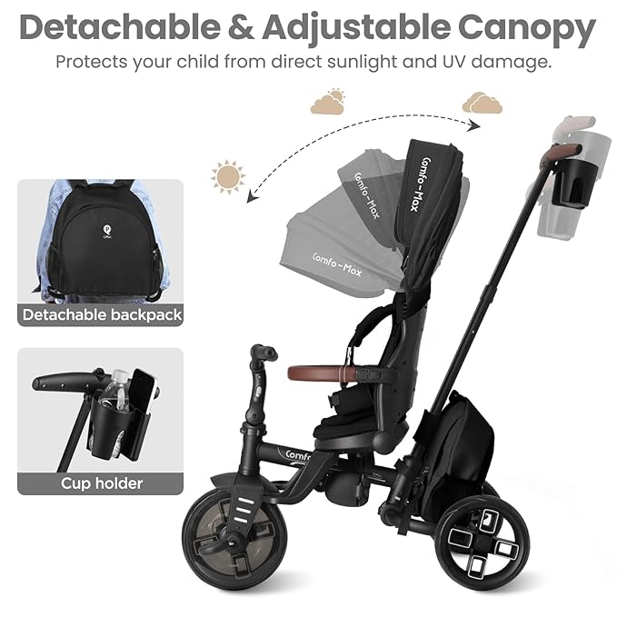 Toddler Bike Stroller for Baby 10 Months to 6 Years Old, 8-in-1 Foldable Stroller Bike for Toddlers 3-5 Boys & Girls Gifts Trike — Adjustable Handle, Triple Footrest, Canopy & Storage Bag