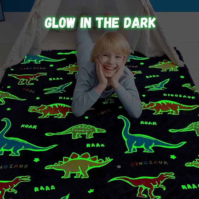 Dinosaur Gifts Toys for Boys Girls,Glow in The Dark Dinosaur Blanket, Birthday Presents Decor for Kids Age 3-14 Year Old Son Teen Child Toddler Luminous Christmas Bedroom Throw Blanket 50"x60"