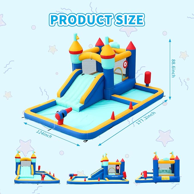 TABU Bounce House with Slide, Inflatable Castle with Splash Pool Water Cannons, Outdoor/Indoor Bouncy House with Air Blower, Ball Pit, for Kids Aged 3-12(177.2x124x88.6in)