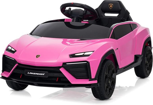Kidzone Kids Electric Ride On 12V Licensed Lamborghini Lanzador Battery Powered Sports Car Toy with Parent Remote Control & Manual Drive, Bluetooth, LED Lights&Music - Pink