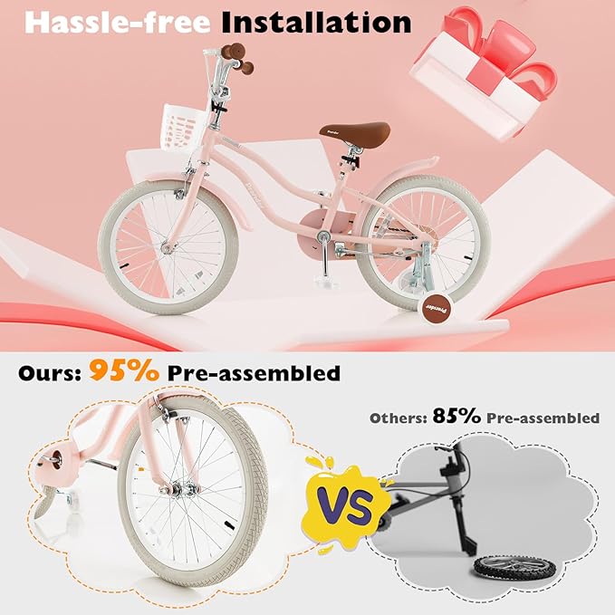 BABY JOY Kids Bike, 12 14 16 18 20 Inch Boys Girls Bike w/Adjustable Seat, Removable Basket, Handbrake & Coaster Brake, Training Wheels or Kickstand, Kids Bicycle with Multi-Color