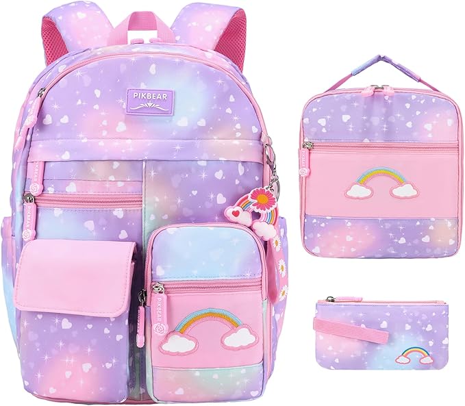 Girls Backpack Set 3 IN 1,Cute Rainbow Kids Backpack with Insulated Lunch Box Pen Case Set Student School Bag (Purple-3 piece set)