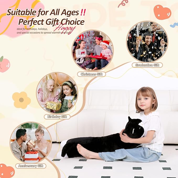 40'' Jumbo Cat Plush Stuffed Animal, Large Black Cat Long Body Pillow Plush Toy, Giant Soft Fluffy Kitty Cat Plushies Gift for Kids Boys Girls, Birthday, Halloween, Christmas