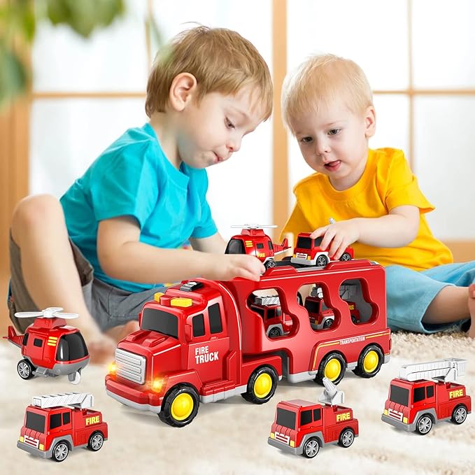 Bennol 5-in-1 Fire Trucks Toy Set for Boys Age 1-3 3-5, Fire Car Truck for Toddlers 1 2 3 4 5 6 Years Old, Christmas Birthday Gift Car Sets with Light Sound