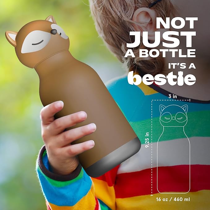asobu Bestie Bottle Insulated Stainless Steel Water Bottle with Detachable Soft Animal Head Fun Drinking For Kids and Teens with Flexible Reusable Straw 16 Ounce (Fox)