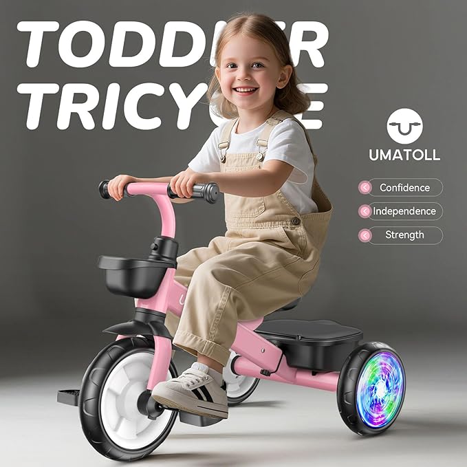 Umatoll Tricycle for Toddlers 2-5 Year Old, Ajustable Toddler Bike Outdoor Toys, Birthday Gift for Girl Age 2-4, Trike with Light up Wheels